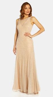 Adrianna Papell Beaded Halter Godet Gown Silver Nude Beaded Size 6