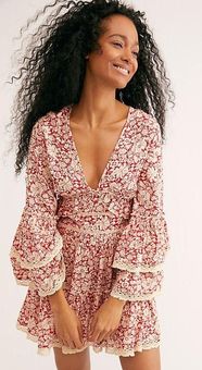 Free People Kristall Berry Red Floral Print Bell Sleeve Mini Dress Size L -  $60 (53% Off Retail) - From Taylor