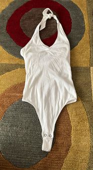 Hollister White Ribbed Halter Thong Bodysuit Shelf Bra Built in