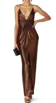 Aidan Mattox Aidan Copper Draped Twist Front Slit Cocktail Gown