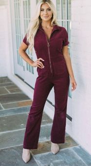 These Three Boutique Zip Up Corduroy Jumpsuit-Red S