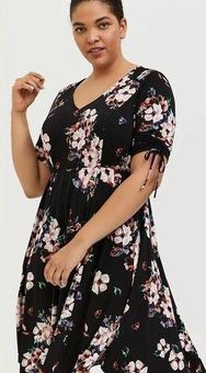 Torrid Black Floral Studio Knit Drawstring Sleeve Dress Plus Size