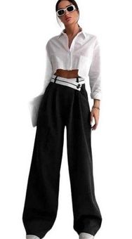 Commence Black White Asymmetrical Contrast Waistband Wide Leg Pants Size  Large