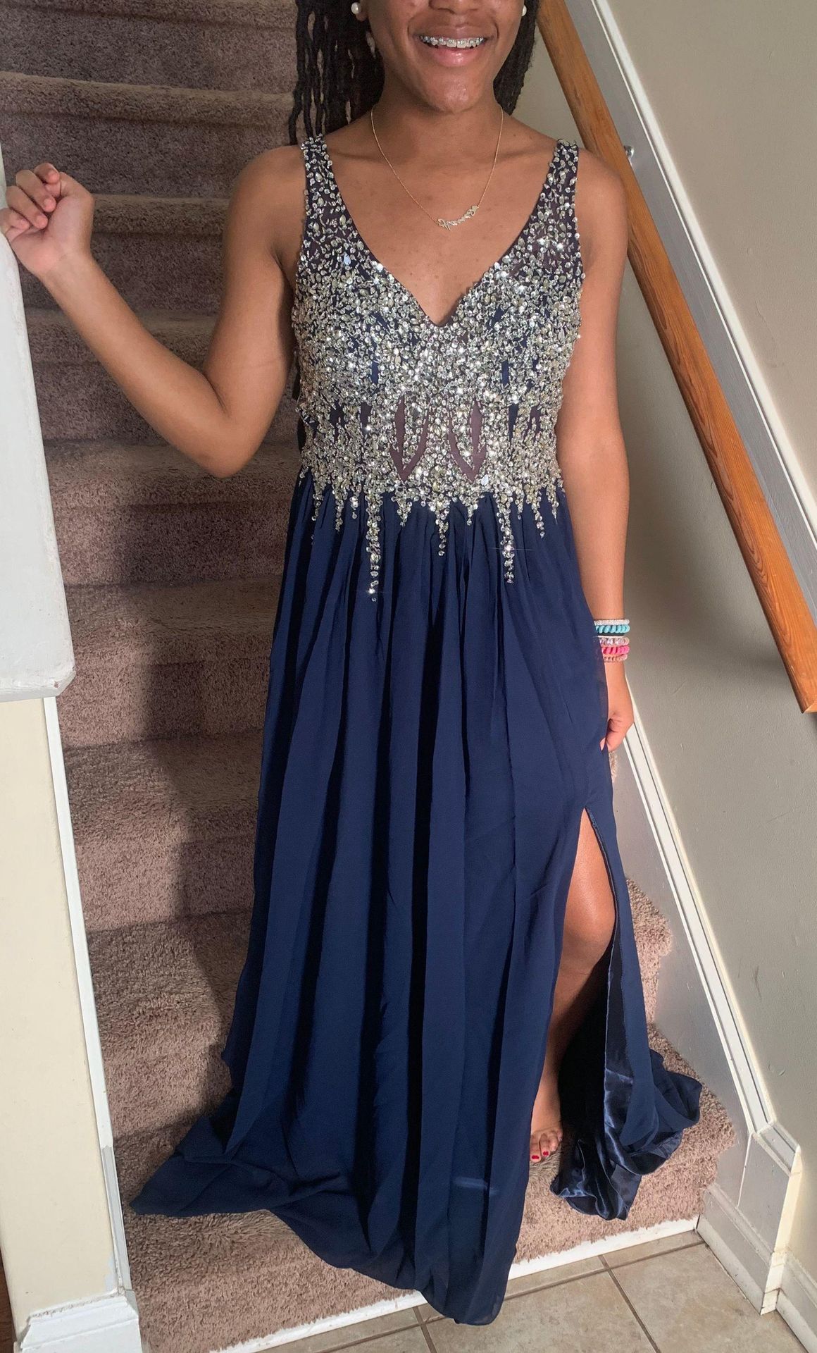 Long Dusty Blue Glitter Prom Dress by PromGirl