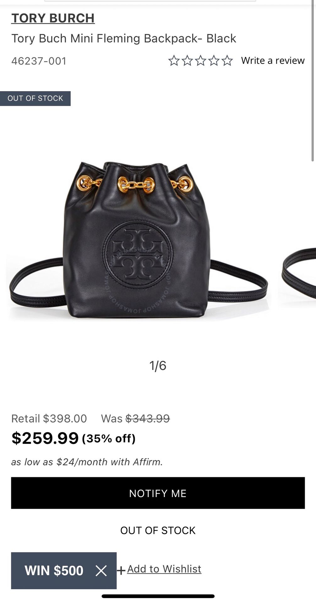 Tory Burch Tory Buch Mini Fleming Backpack- Black 46237-001 