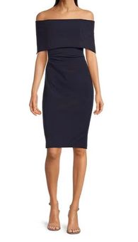 Vince Camuto Off-The-Shoulder Short Sleeve Fold Over Ruched Waist Sheath Dress, Womens, 2, Navy