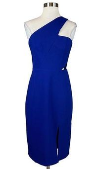 Aidan Mattox Blue Crepe One Shoulder Cutout Sheath Cocktail Dress