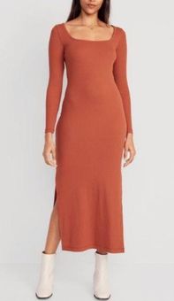 Fitted Rib-Knit Square-Neck Midi Dress