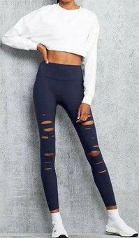 Alo Yoga Womens High Waisted Ripped Warrior Leggings Navy Blue