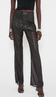 Zara Black Shiny Semi Sheer Straight Leg Pants Size XS