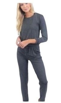 Zyia womens medium gray lounge jumpsuit long sleeve tie waist