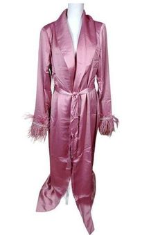 Naked Wardrobe Robe Size XL Pink Feather Trim Satin Sleepwear