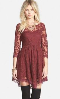 Free People Burgundy Floral Mesh Lace Dress Size 4 - $55 - From Holly