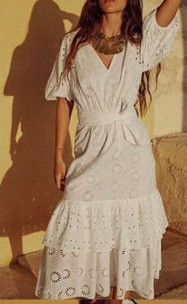ZARA White Eyelet Belted Embroidered Midi Dress - $97