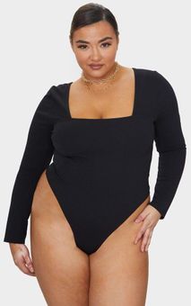 Black Square Neck Longsleeve Thong Bodysuit