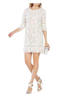 BCBGMAXAZRIA Celestia White Knit Lace 3 4 Bell Sleeve Shift Dress