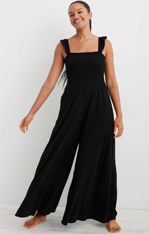 Aerie SMOCKED WIDE LEG JUMPSUIT Black Size M - $30 (45% Off Retail