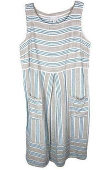 J.Jill Small Dress Love Linen Stripe Blue White Sleeveless Knee