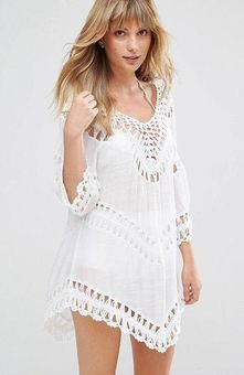 Surf Style Crochet Layer Beach Tunic Dress Ivory 3/4 Sleeve Semi