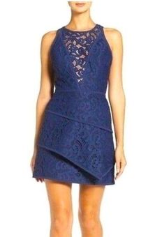 BCBGMAXAZRIA Navy Blue Lace Tiered Hannah Scroll Mini Dress Size 6