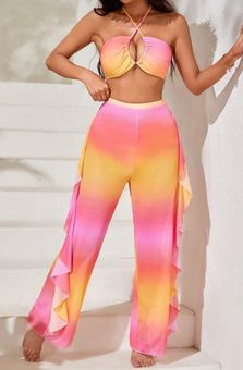 SheIn Ombre Halter Bikini Swimsuit With Ruffle Trim Cover Up Pants