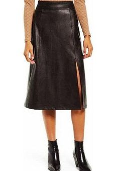 Spanx Leather-Like Midi Skirt Noir A-Line Shiny High-Waist Pencil