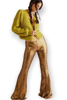 Free People Womans Matte Gold Party Flare Bellbottom Pants Size Small -  $137 - From Shoshannah