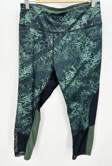 Avia Capri Leggings Womens Medium Green All Over Print Mesh Panel