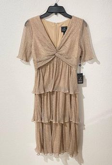 Adrianna Papell Metallic Mesh Ruffle Tier Dress Taupe Mist Size 4