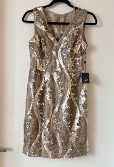 Adrianna Papell Gold Sequins Lace Sheath Cocktail Dress Size 8