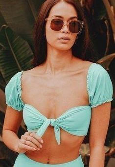 Tie Front Short Sleeve Cropped Bikini Top