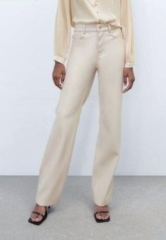 Zara women's FAUX leather High Rise Legging Pants Stretch Beige Sz Medium