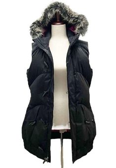 Vans Goose Down Black Puffer Long Vest With Faux Fur Hood Women's