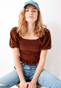 American Eagle Outfitters AE Smocked Puff-Sleeve Blouse Brown