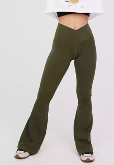 Aerie Green Crossover Flare Leggings