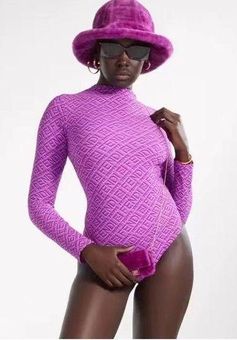 Fendi x Skims Printed Crew Neck Bodysuit - Purple Tops, Clothing