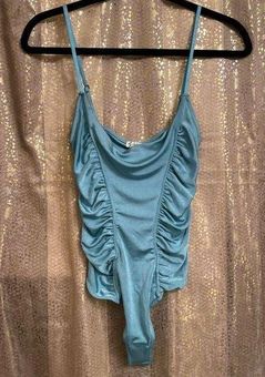 Free People dusty blue ruched slinky spaghetti strap bodysuit, S