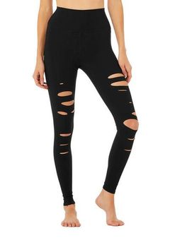 Alo Yoga Pull On High Waisted Ripped Warrior Workout Leggings Stretch Black  XS - $45 - From DANIELLE