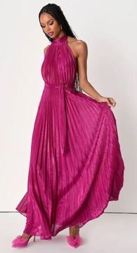 Everlasting Glow Shiny Magenta Pleated Halter Maxi Dress