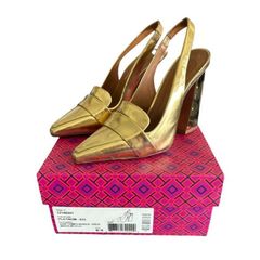 RARE TORY BURCH SADIE GOLD MIRROR SLING BACK HEEL SANDALS SZ. 6.5