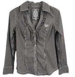 Guess Gray White Stripe Ruffle Fitted V-neck Button Up Shirt Size Medium Stretch