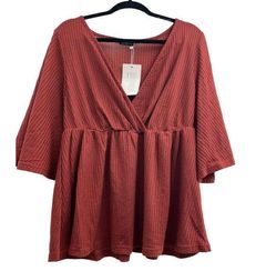 Bloomchic Terra Cotta V-Neck Textured Top Blouse 14 16 1X NWT