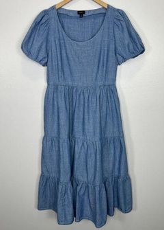 J. Crew Factory Blue Chambray Midi Dress Size 12 Cotton Tiered Puff Sleeve Cute