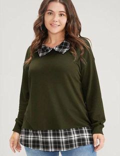 Bloomchic  Sweatshirt w/ Plaid Hem and Collar Olive Size 18-20 2X NWT