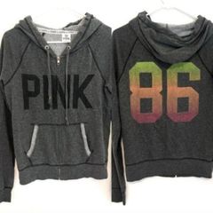 PINK VS VICTORIA'S SECRET Gray Full Zip Double Sided PINK Spellout Hoodie Small