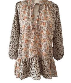 Umgee Peasant Boho Style Floral Calico Peplum Waist Blouse Sz M Neutral Coloring