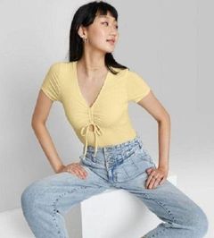 Wild Fable Women's Short Sleeve Cinched Front Bodysuit - Yellow - M
