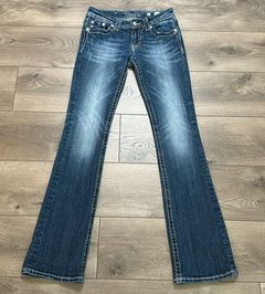 Miss Me 32” Low Rise Boot Cut Rhinestone Embellished Stretch Blue Jeans Size 27