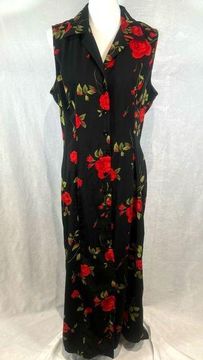 vintage black and red roses button down floral maxi dress size 16