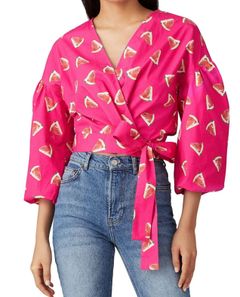 Emily Wrap Top XS Watermelon Pink Puff Sleeve Crop Summer Chic